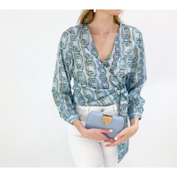 Zara Teal Satin Effect Chain Printed V-Neck Long Sleeve Wrap Top Small - Picture 7 of 8